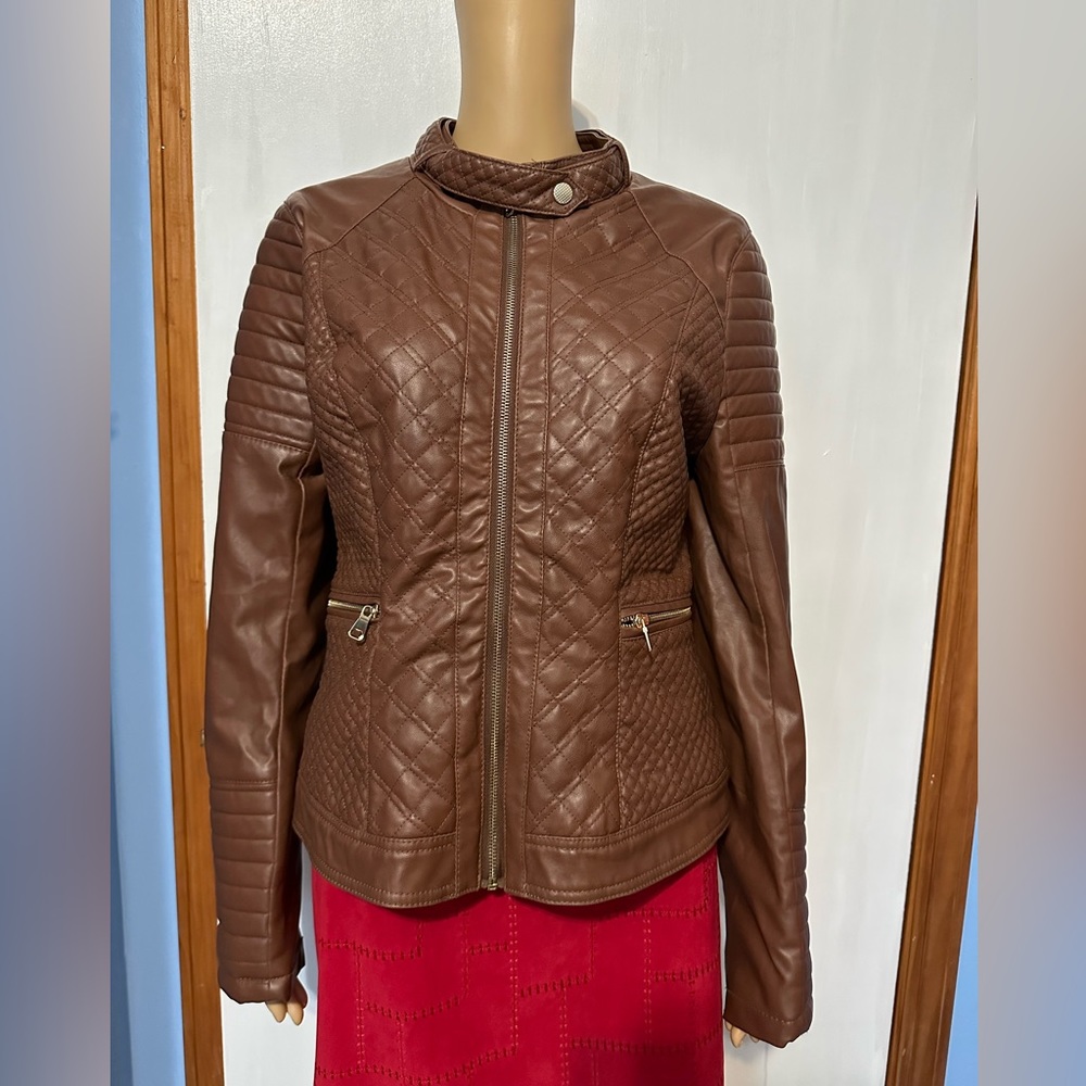 Women’s / Juniors Faux Leather Moto Jacket / Coat, Size XL, Brown